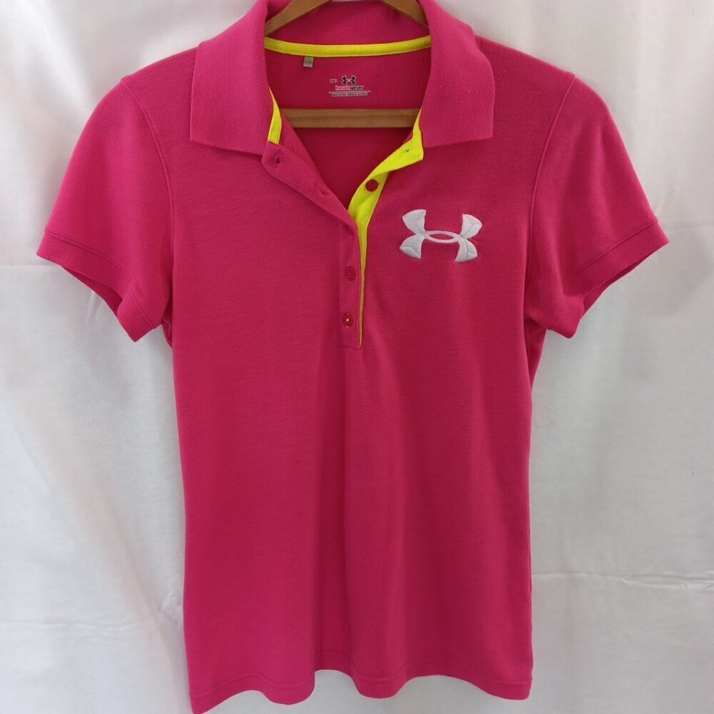Medium Under Armour Logo Polo Shirt Womens Pink HeatGear Short Sleeve Collared